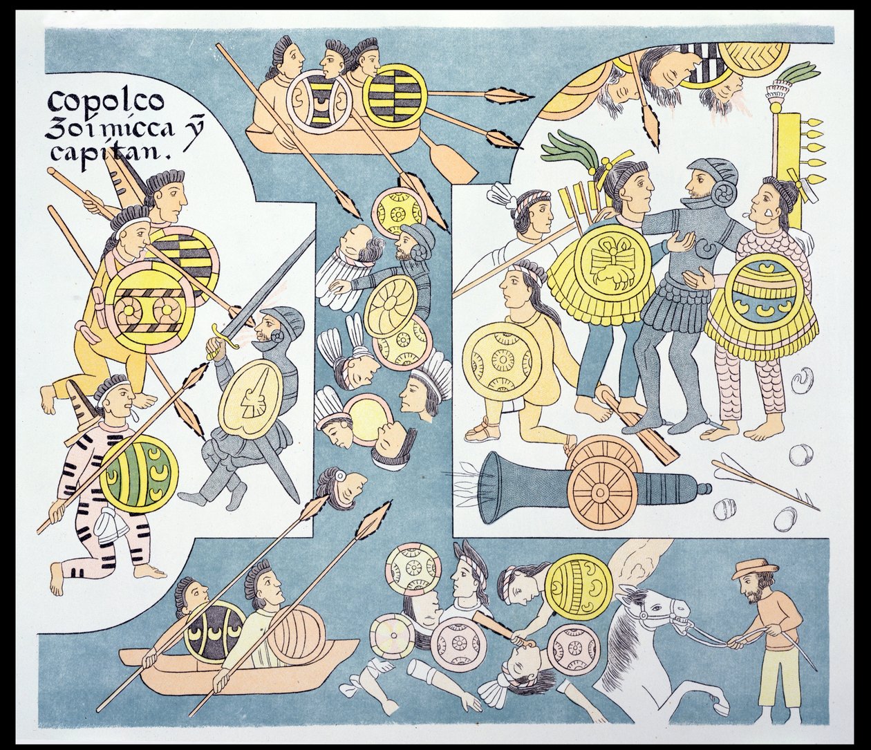 Endschlacht zwischen Hernando Cortes (1485-1547) und Cuauhtemoc in Tenochtitlan, August 1521, Illustration aus einer Faksimile einer mexikanischen indianischen Bildgeschichte Lienzo de Tlaxcala von ca. 1550, 1892 von Mexican School