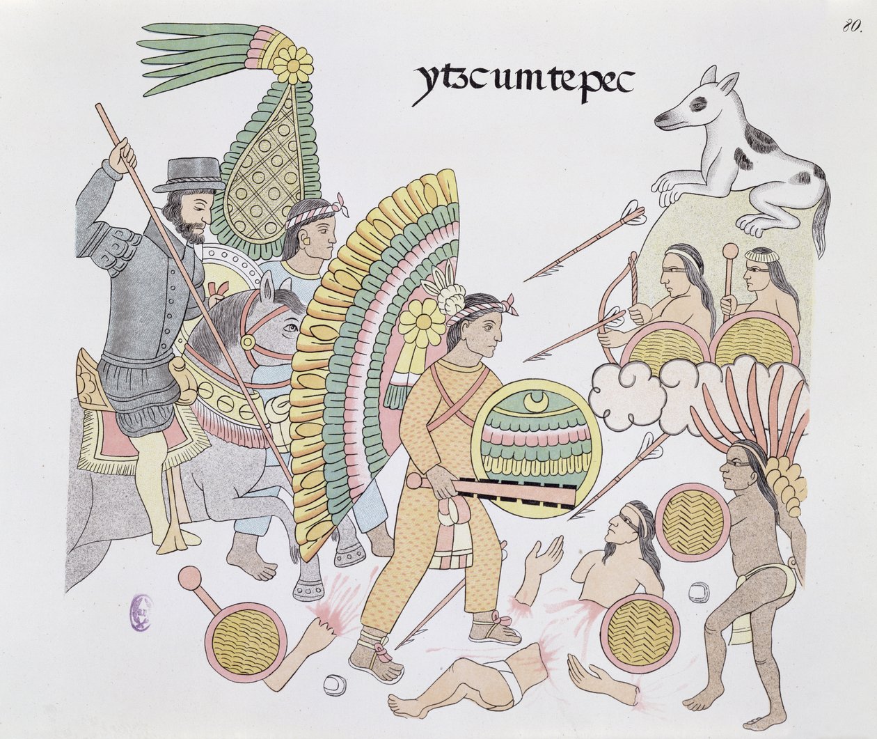 Hernando Cortes (1485-1547), unter Belagerung in Tenochtitlan, beschließt die Stadt zu verlassen, Illustration aus einer Faksimile einer mexikanischen indianischen Bildgeschichte Lienzo de Tlaxcala von ca. 1550, 1892 von Mexican School