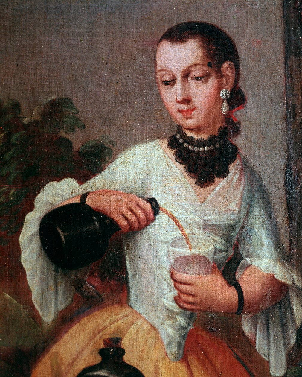 Dame, die Wein in ein Glas gießt (Detail), Gemälde der mexikanischen Schule von Mexican School