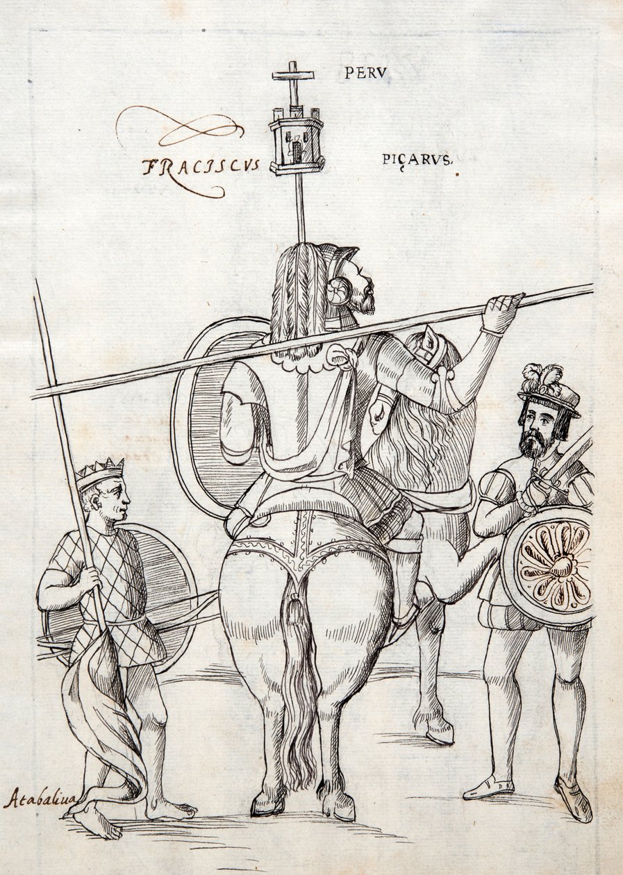 MS Hunter 242 f.248r Picarus oder Pizarro und Kriegspferd, Illustration aus der Historia de Tlaxcala von Diego Muñoz Camargo von Mexican School