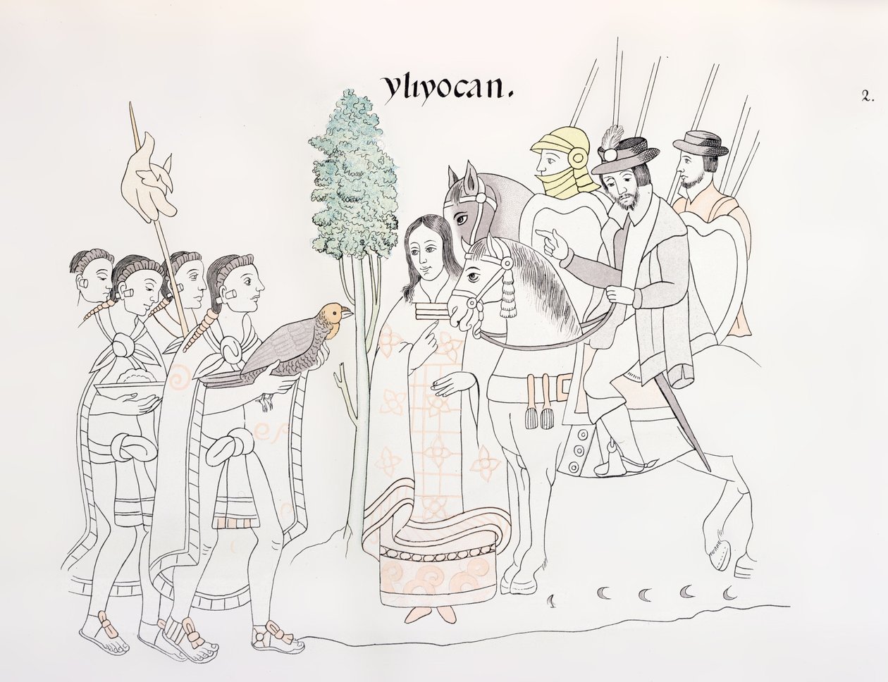 Treffen von Hernando Cortes (1485-1547) und den Azteken, Illustration aus einer Faksimile einer mexikanischen indianischen Bildgeschichte Lienzo de Tlaxcala von ca. 1550, 1892 von Mexican School