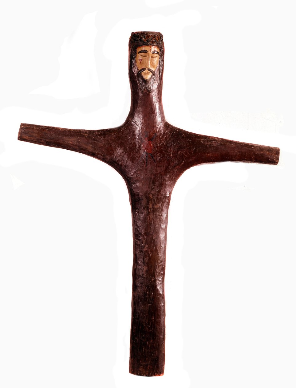 Mexikanische Kunst: Polychromes Holzkreuz mit geschnitztem Christuskopf aus einem Stück. 17. Jahrhundert. Mexiko, Michoacán Regionalmuseum von Mexican School