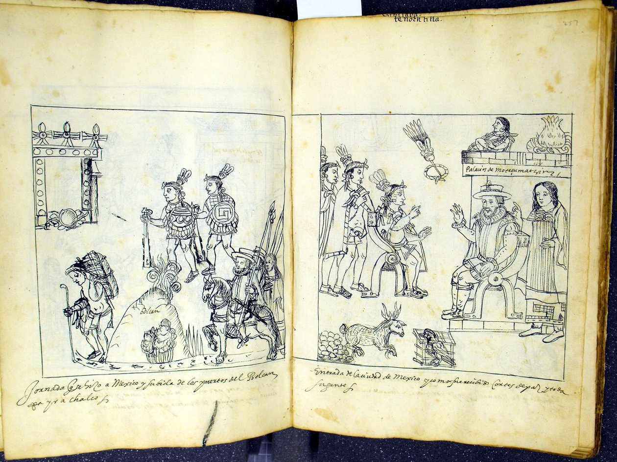 Ms Hunter 242 256v-257r Cortez und Montezuma, aus Historia de Tlaxcala von Diego Munoz Camargo von Mexican School