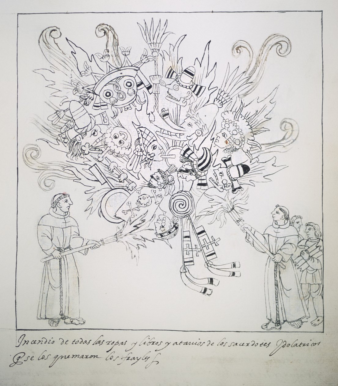 Franziskanermönche verbrennen traditionelle Bücher und Kleidung, aus Historia de Tlaxcala von Diego Muñoz Camargo von Mexican School