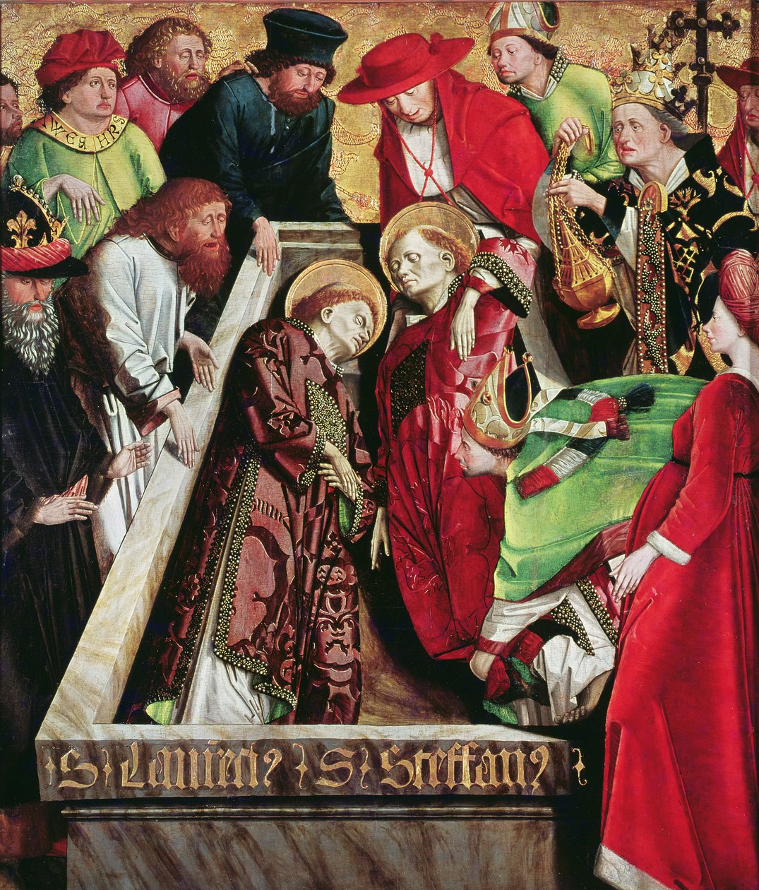 Begräbnis von St. Stephan und St. Laurentius in Rom, vom Altarbild des St. Stephan, ca. 1470 von Michael Pacher
