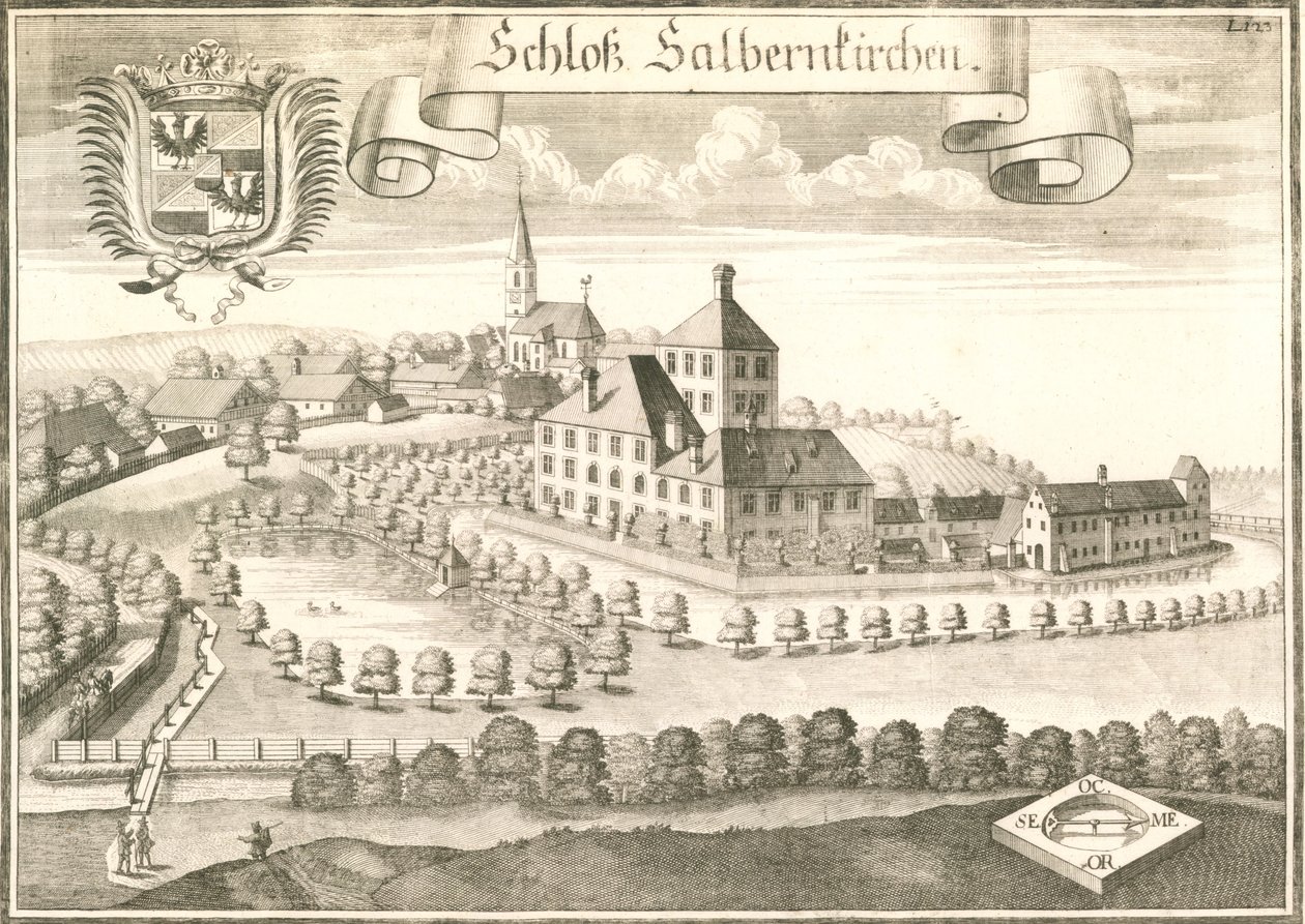 Ansicht des Schlosses von Salmanskirchen bei Ampfing in Bayern, Land. Stich von Michael Wening von Michael Wening