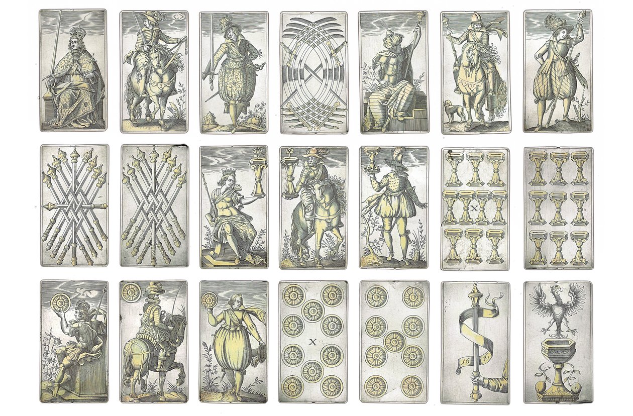 Detail eines äußerst seltenen Satzes von 52 Spielkarten, graviert in den vier italienischen Farben, Augsburg von Michael Froemmer