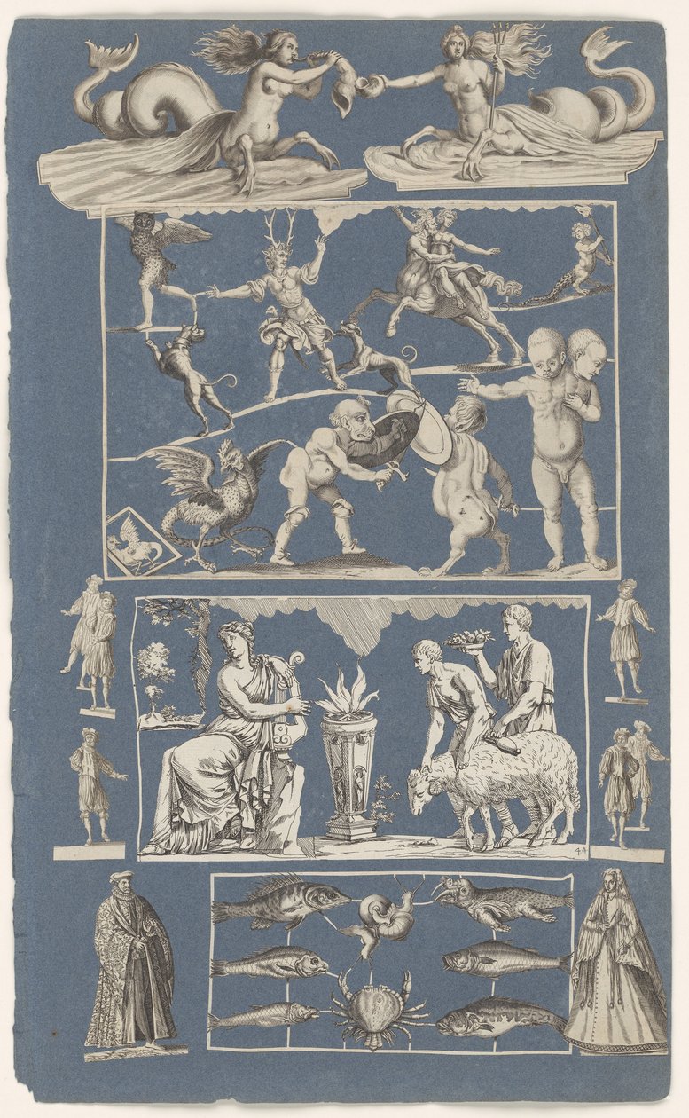Collage von ausgeschnittenen Drucken auf blauem Papier von Michael Snijders (attributed to)