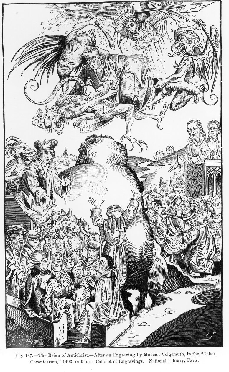 Die Herrschaft des Antichristen, aus dem Liber Chronicarum, veröffentlicht 1493, Illustration aus Wissenschaft und Literatur im Mittelalter und der Renaissance, geschrieben und graviert von Paul Lacroix, 1878 von Michael Wolgemut