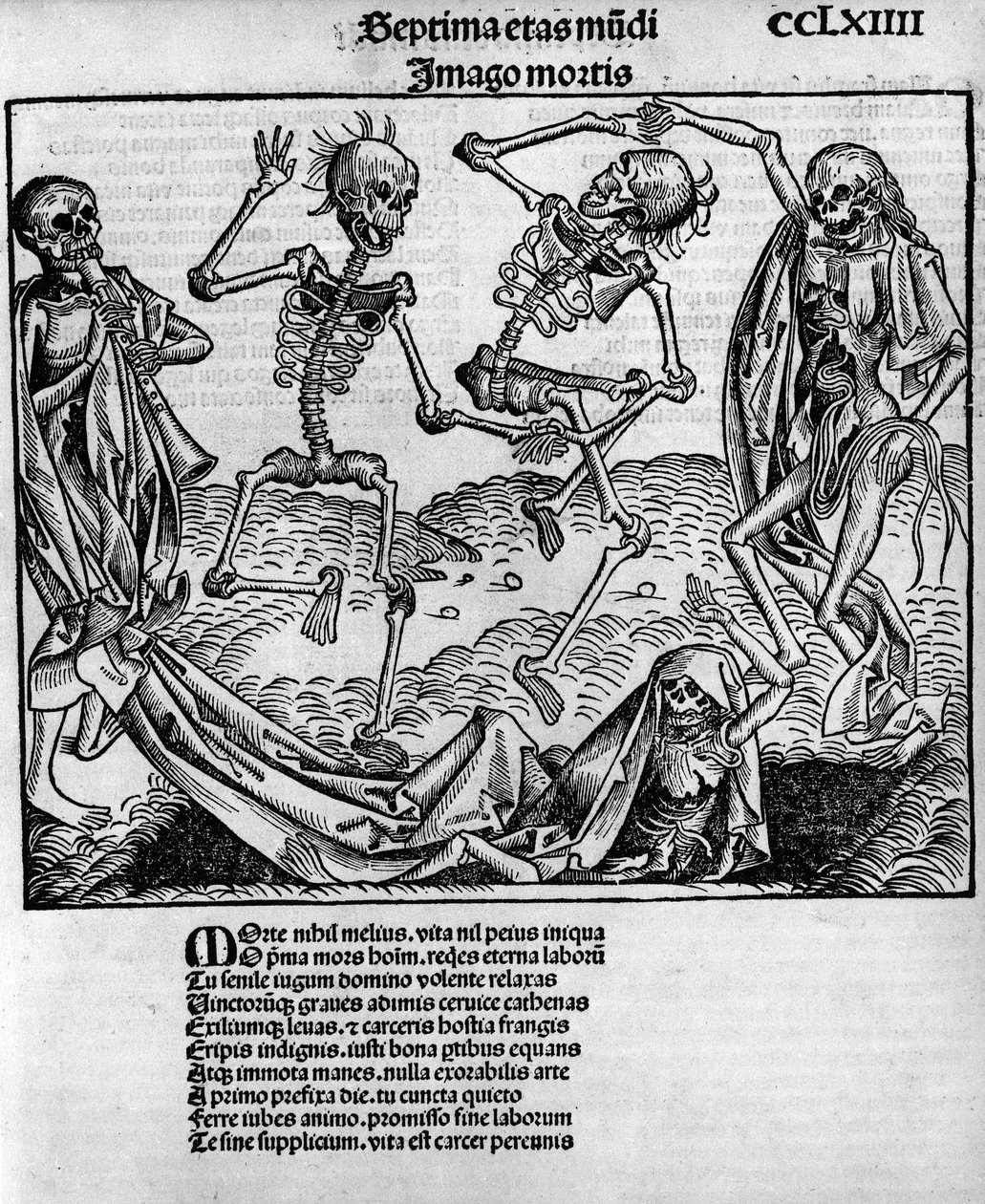 Makabre Tanzszene, mit Skeletten, - in „Chronicles of Nuremberg“ von Hartmann Schedel (1440-1514), herausgegeben in Nürnberg von Anton Koberger, 12. Juli von Michael and Pleydenwurff W. (d.1494) Wolgemuth