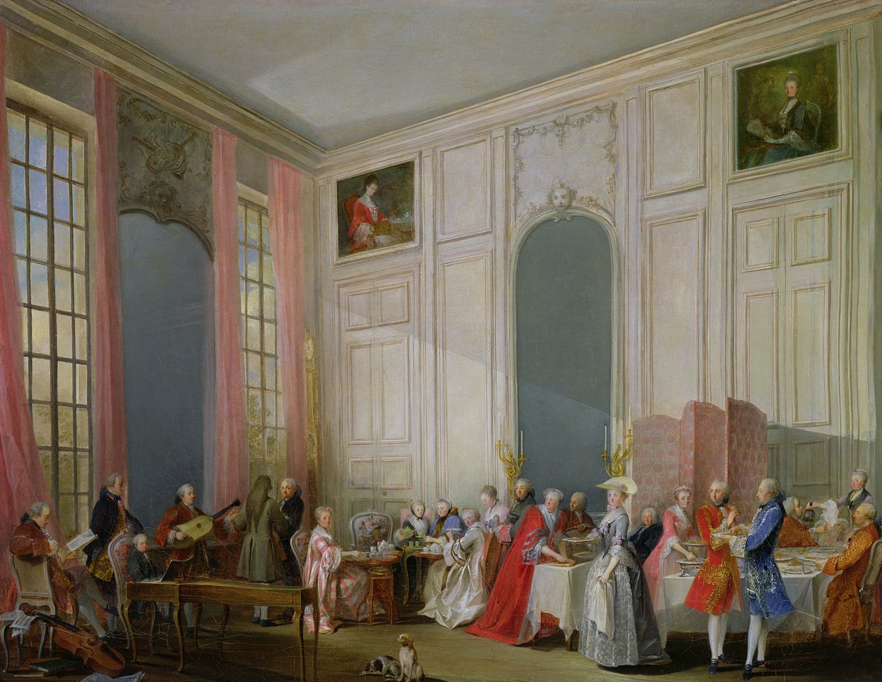 Der englische Tee und ein Gesellschaftskonzert im Haus der Prinzessin de Conti, Palais du Temple, Paris mit dem jungen Mozart am Klavichord, 1766 von Michel Barthelemy Ollivier or Olivier