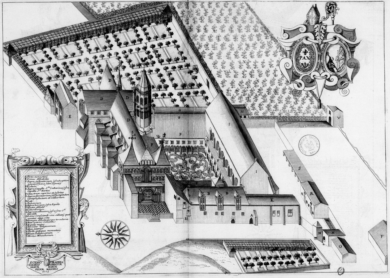 Kupferstich aus dem 17. Jahrhundert, der die Abtei La Sauve-Majeure in Frankreich im Buch Monasticon Gallicanum darstellt von Michel Germain