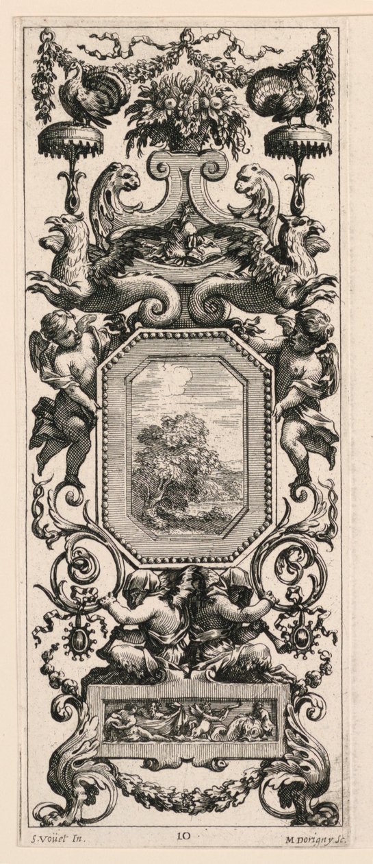 Ornamentales Panel mit einem Korb voller Blumen und einer Girlande, Tafel 10 aus dem Livre de Diverses Grotesques peintes dans le Cabinet et Bains de la Reyne Regente, au Palais Royale von Michel Dorigny