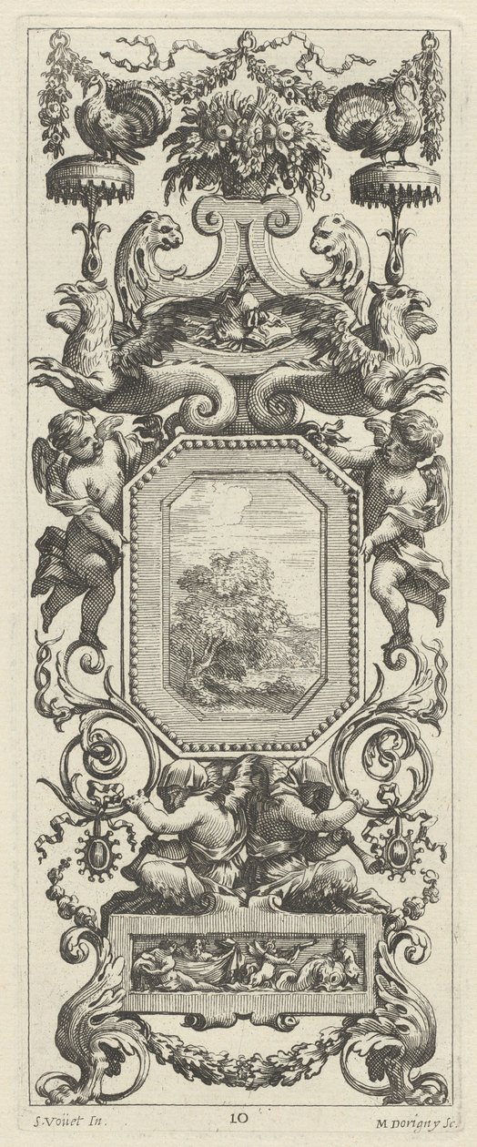 Zierpanel mit einem Blumenkorb und einer Girlande von Michel Dorigny, after Simon Vouet