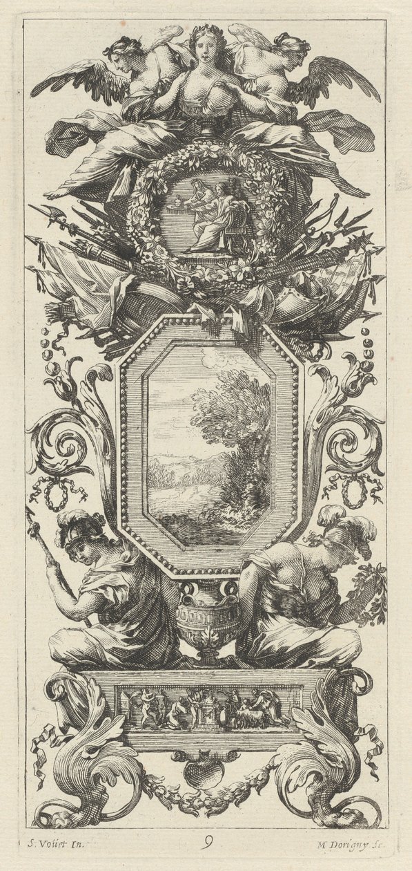 Ornamentales Paneel mit zwei Figuren, die sich auf die Büste einer Frau stützen von Michel Dorigny, after Simon Vouet