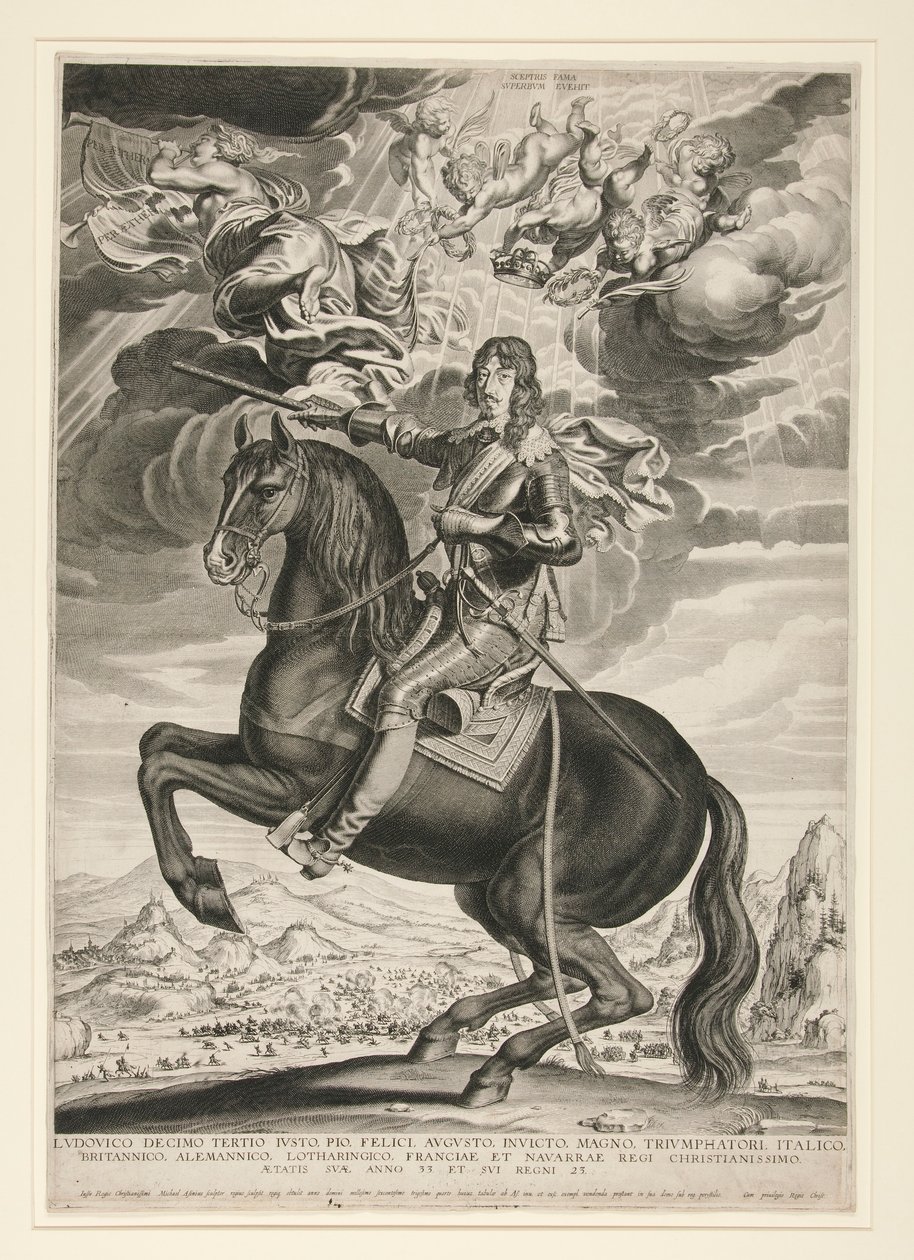 Reiterporträt von Ludwig XIII. (Bourbon) im Alter von 33 Jahren. Landschaft nach Callot von Michel Lasne