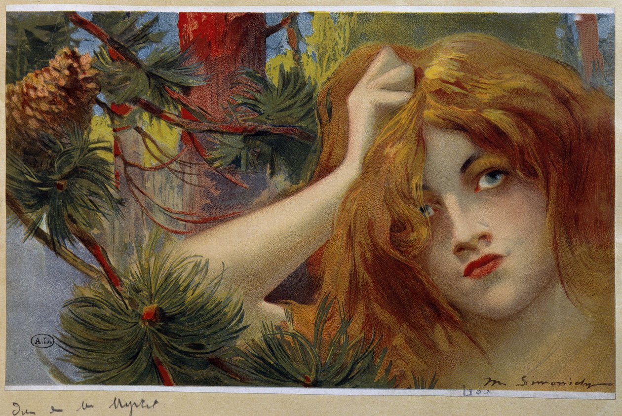 Rothaarige Frau schaut besorgt, hält ihren Kopf - Chromo. von Simondy von Michel Simonidy