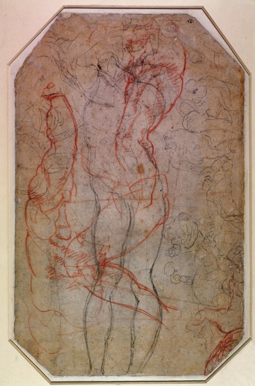 Studie von Figuren und die Erschaffung Adams (Bleistift und Rötel auf Papier) (verso) von Michelangelo Buonarroti