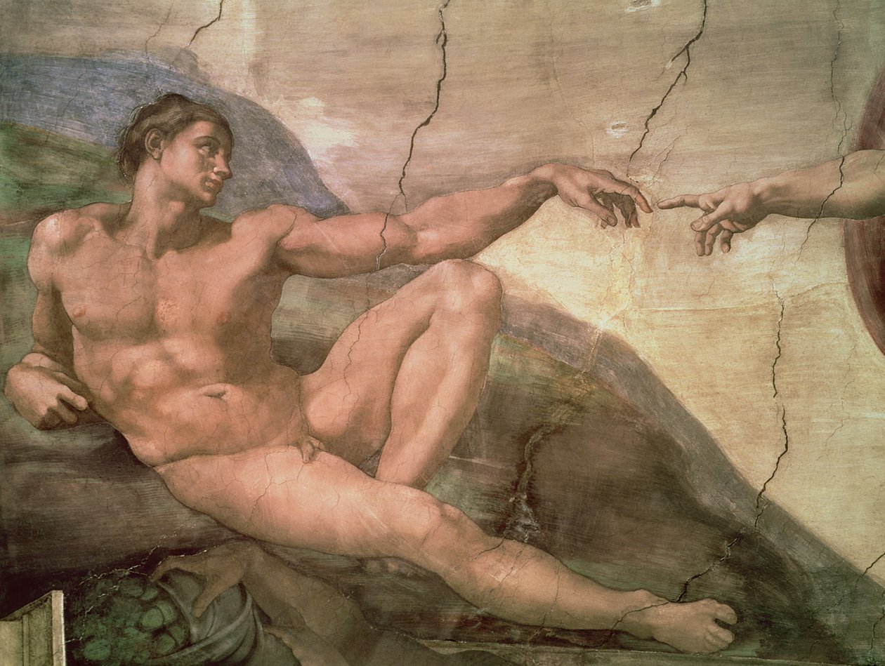 Die Erschaffung Adams, von der Sixtinischen Decke, 1511 (vor der Restaurierung) von Michelangelo Buonarroti