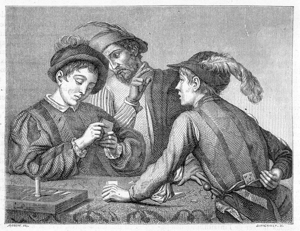 Die Betrüger. Gravur des 19. Jahrhunderts, die das Werk von Caravaggio (il Caravaggio) um 1596 darstellt. von Michelangelo (after) Caravaggio