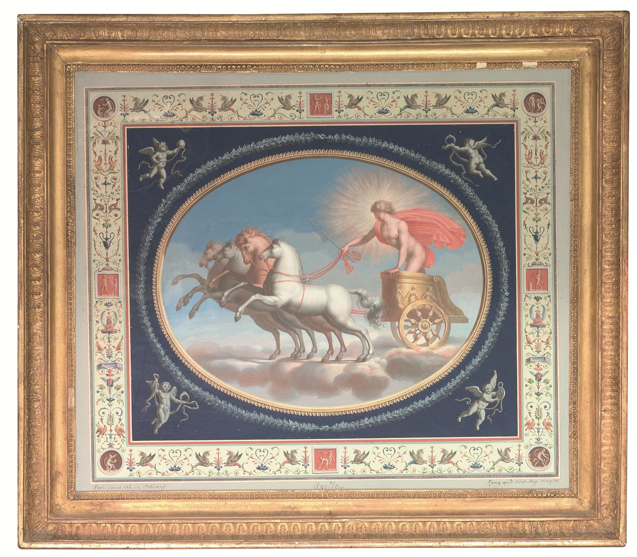 Eines von vier dekorativen Paneelen, das Apollo, Mars, Venus und Merkur in Streitwagen zeigt, umgeben von pompejanischen Grotesken von Michelangelo (studio of) Maestri