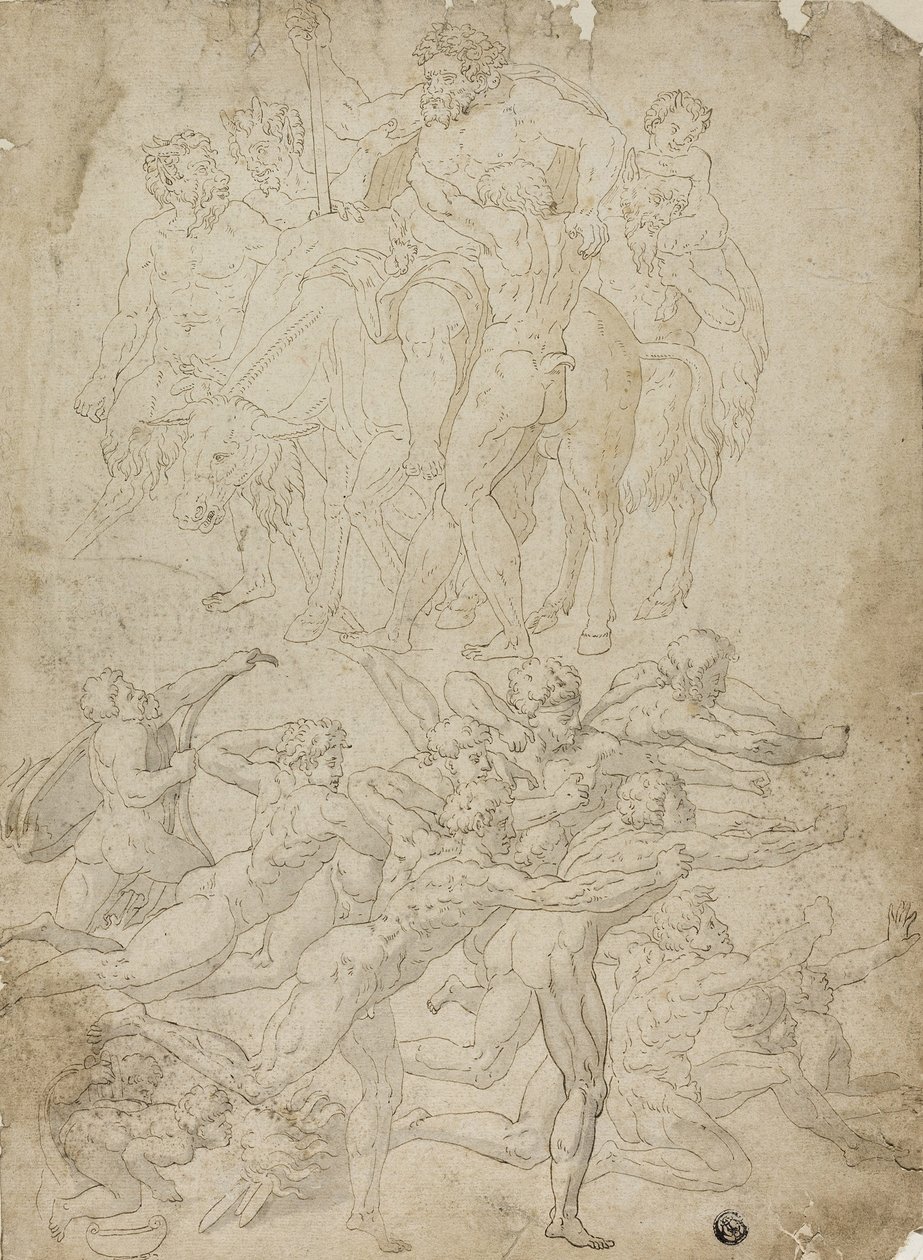 Bogenschützen, die auf einen Herm schießen, Triumph des Bacchus und andere Studien von Michelangelo Buonarroti