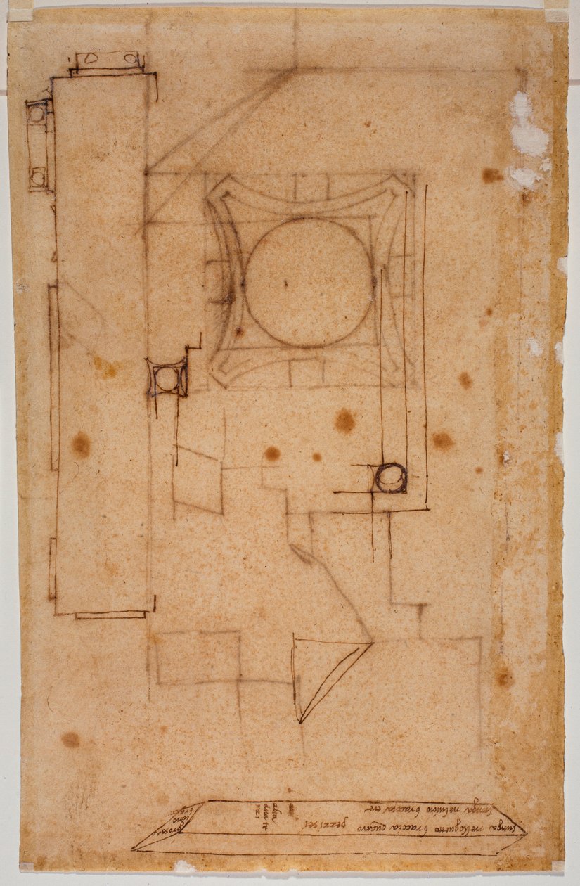Abschnitt des Kapitells, Fassadenplan und Skizzen mit autographischen Maßangaben von Michelangelo Buonarroti
