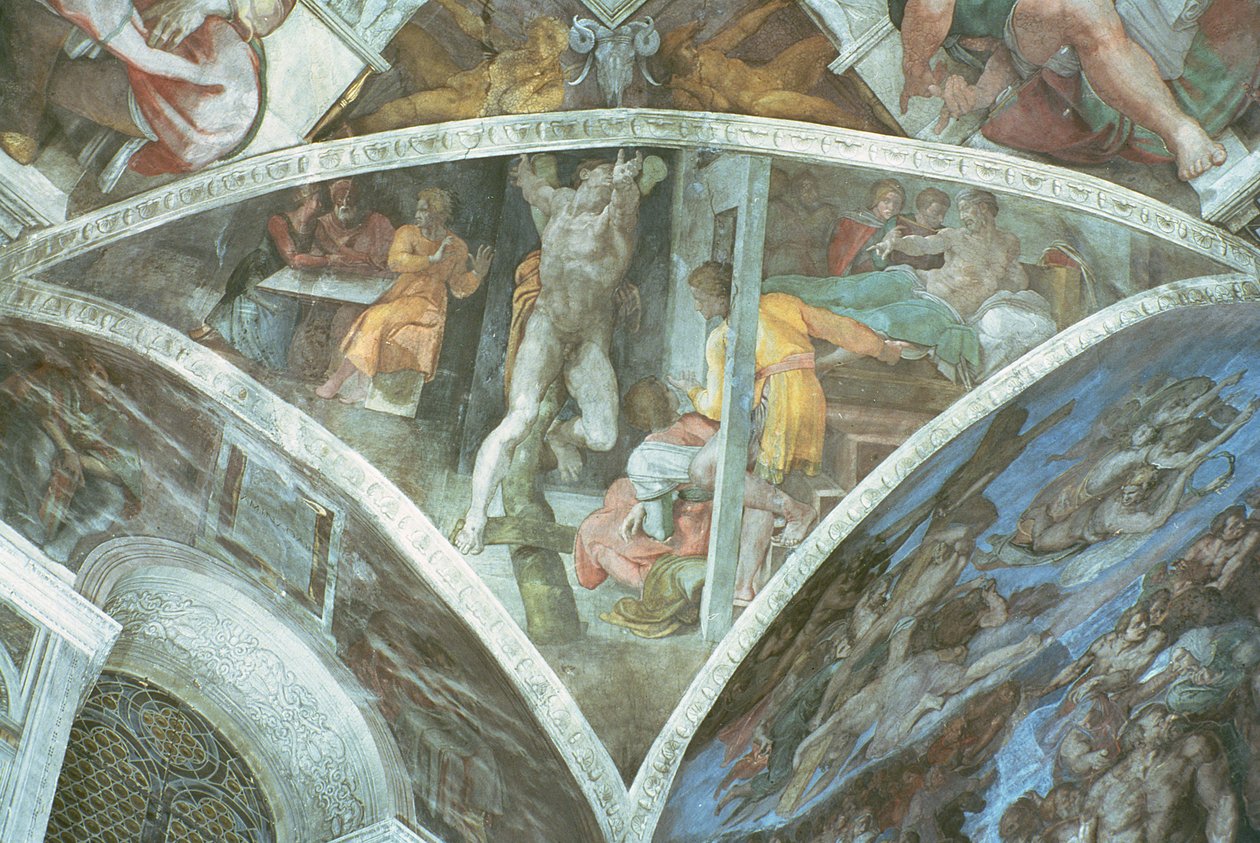 Sixtinische Kapelle Decke: Haman (Zwickel) (vor der Restaurierung) von Michelangelo Buonarroti