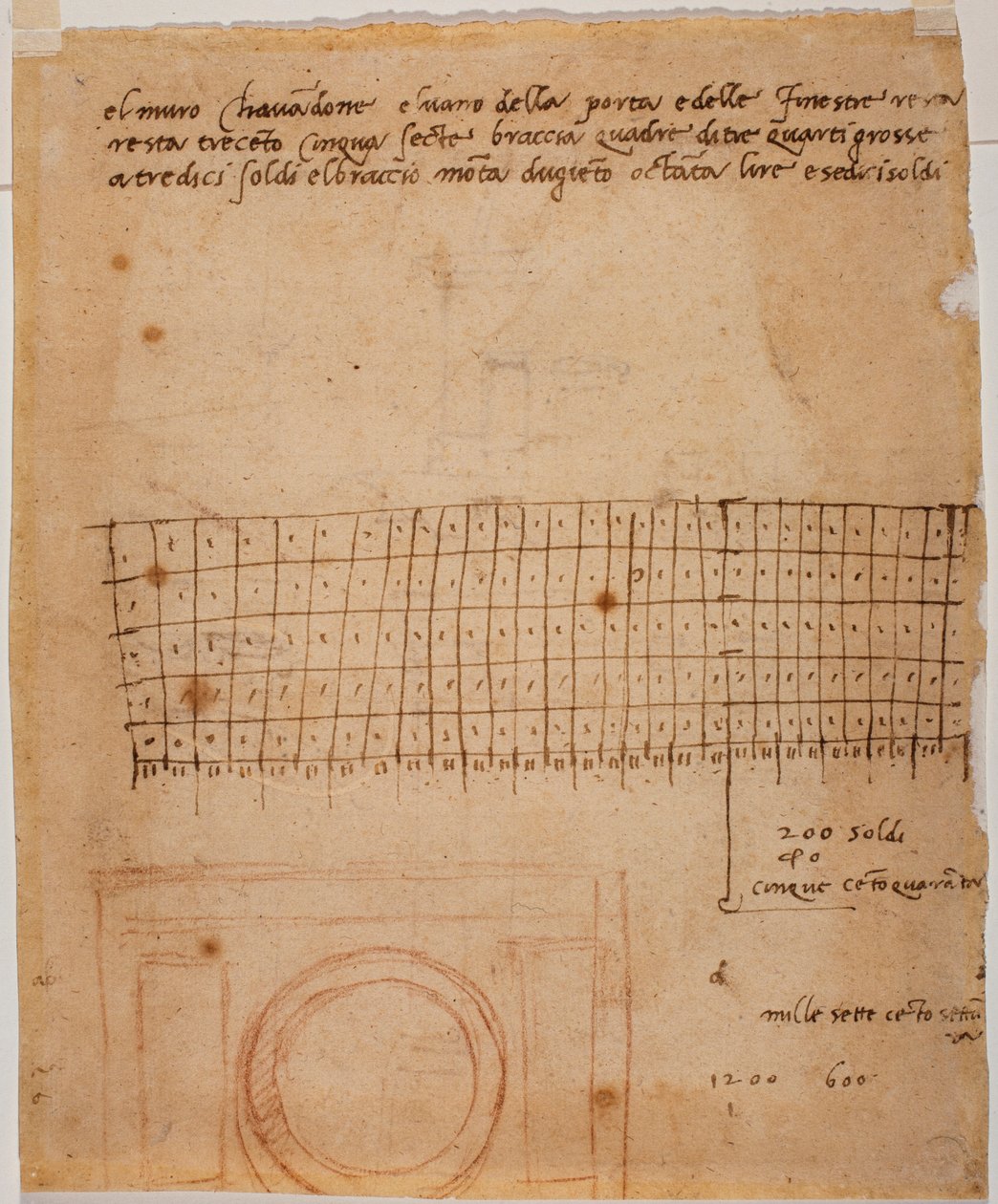 Skizze für ein Fenster, handschriftliche Anmerkungen und grafische Berechnung von Michelangelo Buonarroti