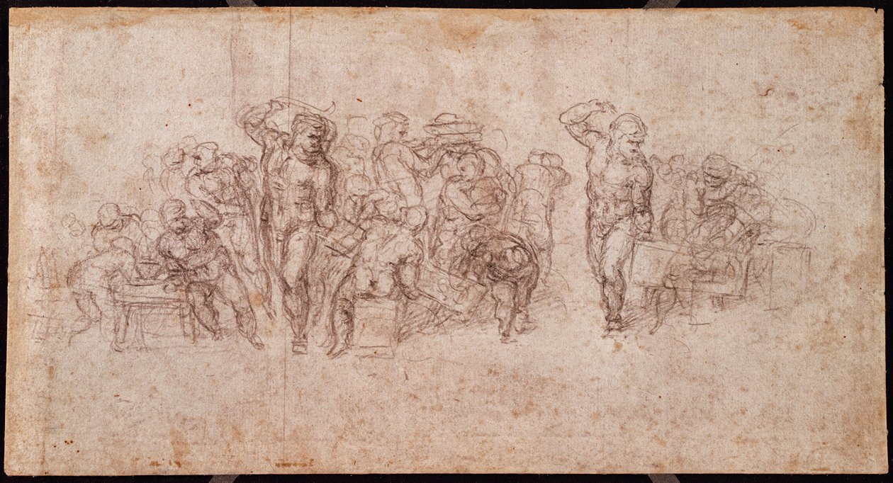 Studie von Figuren für eine Erzählungsszene (Schwarzkreide auf Papier) (recto) von Michelangelo Buonarroti