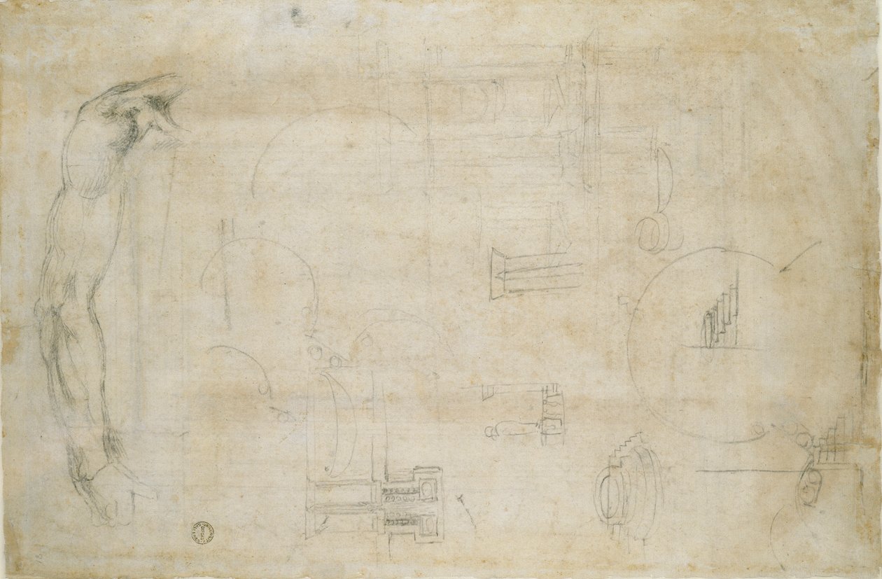 Studie eines Männerarms und einige architektonische Skizzen, ca. 1490-1560 von Michelangelo Buonarroti