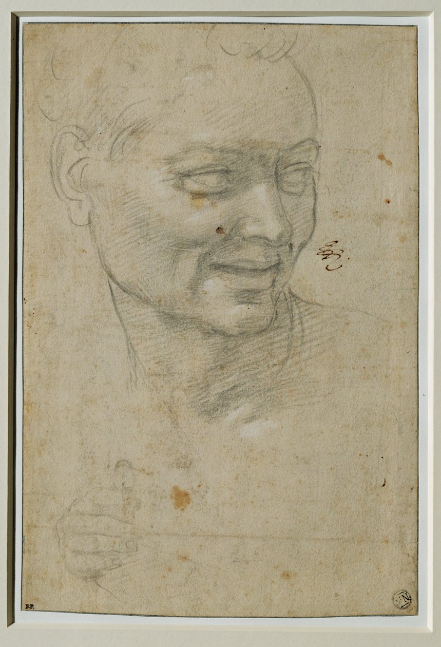 Kopf und rechte Hand des Ignudo über und links von Jesaja, an der Decke der Sixtinischen Kapelle von Michelangelo Buonarroti
