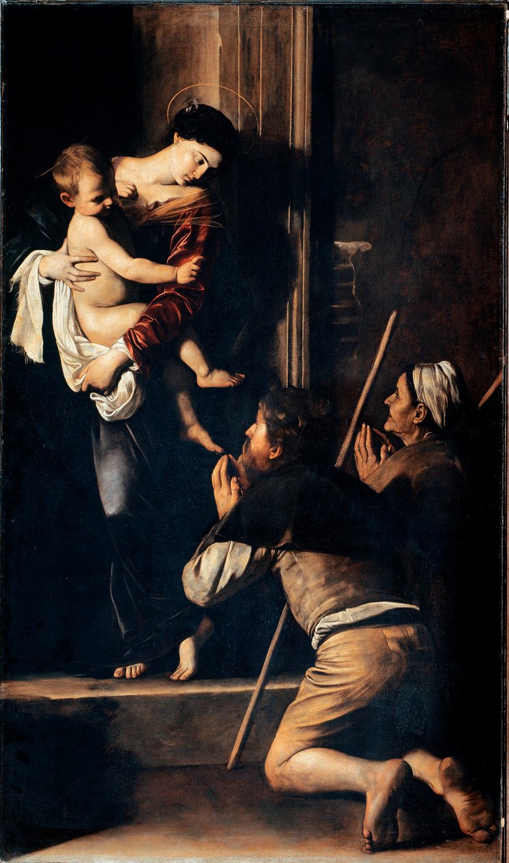 Madonna dei Pellegrini auch bekannt als Madonna di Loreto (Madonna des Pelerins oder Madonna de Lorette). Gemälde von Michelangelo Merisi genannt Il Caravaggio (Der Caravaggio) (1571-1610) 1603-1605 von Michelangelo Merisi da Caravaggio