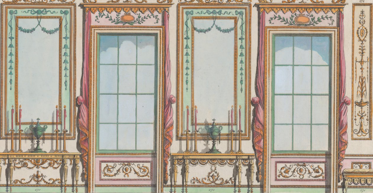 Innenverzierte Wand mit Fenstern und Spiegeln, Nr. 267-273, 27. Februar 1784 von Michelangelo Pergolesi