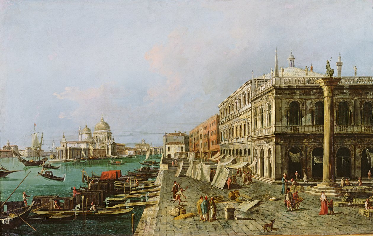Ansicht des Molo vor dem Palazzo della Zecca, mit Santa Maria della Salute im Hintergrund, Venedig von Michele Marieschi