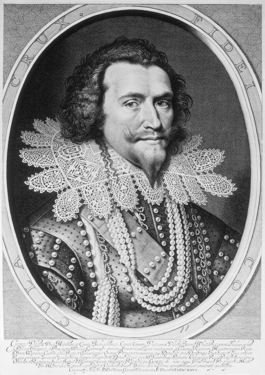 Porträt von George Villiers, 1. Herzog von Buckingham (1592-1628), graviert von Willem Jacobsz. Delff (1580-1638), 1626 von Michiel Jansz van Miereveld