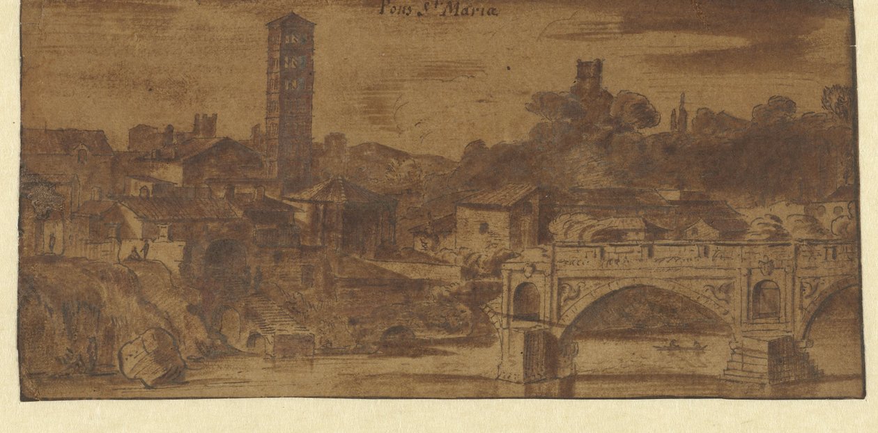 Ansicht der S. Maria in Cosmedin, des Vesta-Tempels und der Ponte S. Maria in Rom von Michiel van Overbeek