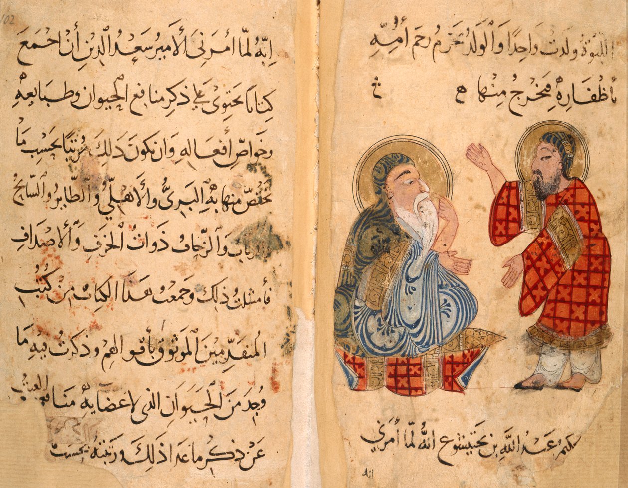 Textseite und gegenüber Ibn Bakhtishu und Schüler, Illustration aus 