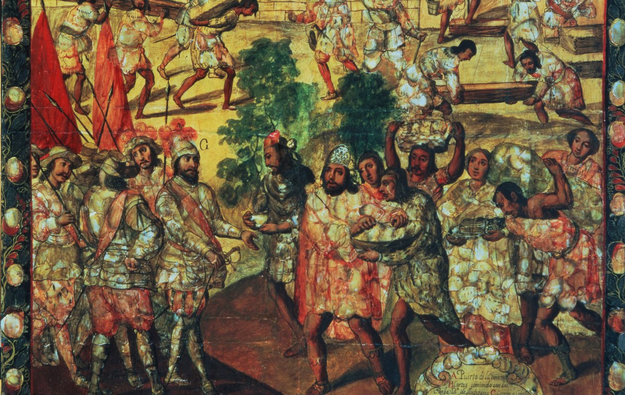 Detail von Hernan Cortes (1485-1547) betritt Cempoal und empfängt Häuptling Gordo (Quauhtlaebana), der Fleisch und Geschenke an alle Spanier überreicht von Miguel Gonzalez
