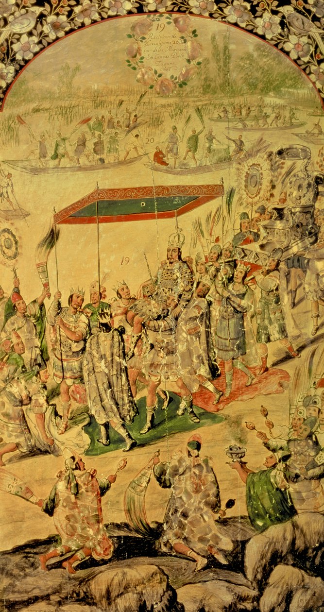 Eine von zwei Tafeln, die die Begegnung zwischen Hernando Cortes und Montezuma darstellen: Montezuma und seine Anhänger, 1698 von Miguel and Juan Gonzalez