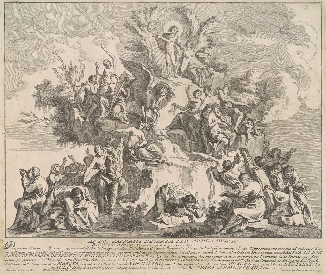 Die erste Maschine für die Chinea von 1739: Der Berg Parnassus mit Apollo, den Musen und Pegasus von Miguel de Sorellò, after Pierre Parrocel, after Michelangelo Specchi