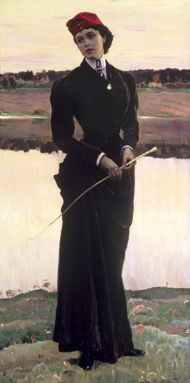 Porträt von Olga Nesterova oder, Frau in Reitkleidung, 1906 von Mikhail Vasilievich Nesterov