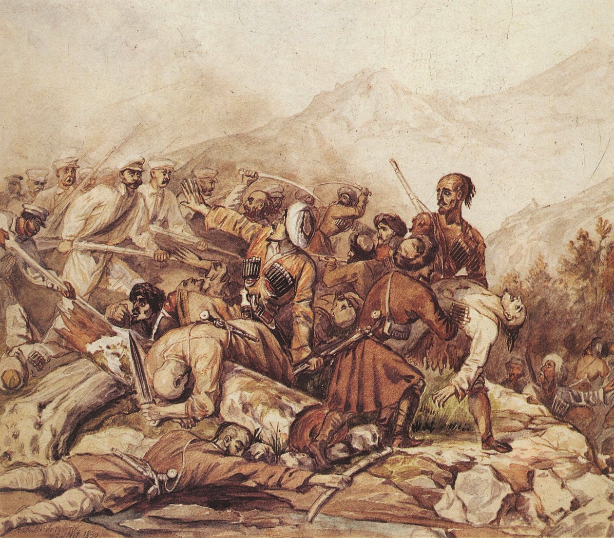 Die Schlacht am Valerik-Fluss am 11. Juli 1840, 1840 von Mikhail Yuryevich Lermontov