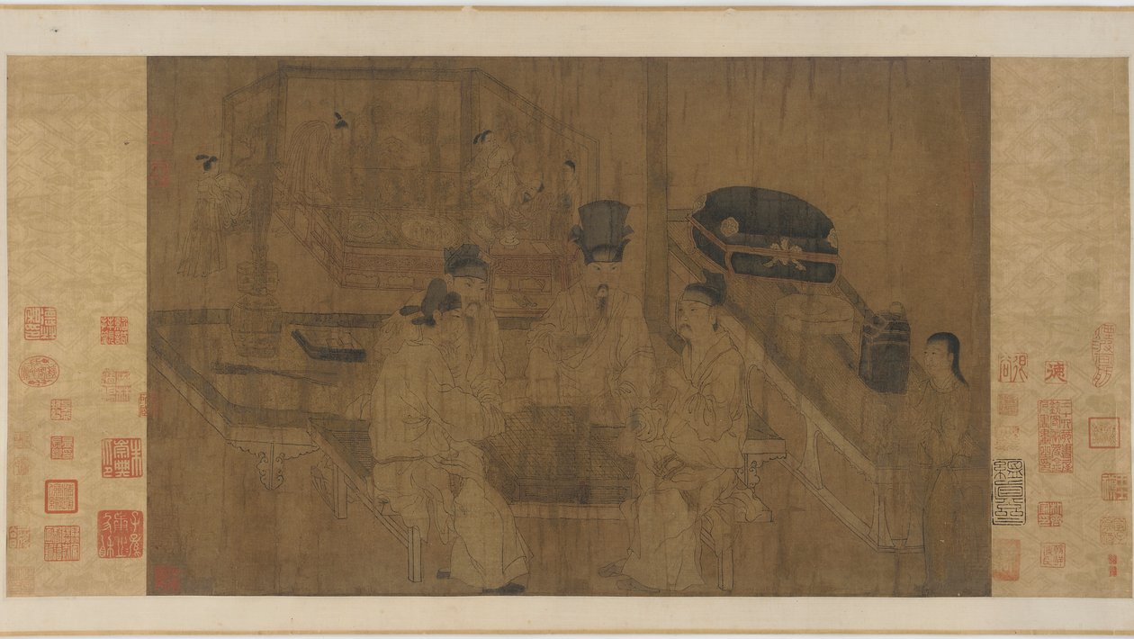 Der Doppelschirm: Kaiser Li Jing beobachtet seine Brüder beim Weiqi-Spiel von Ming Dynasty Chinese School