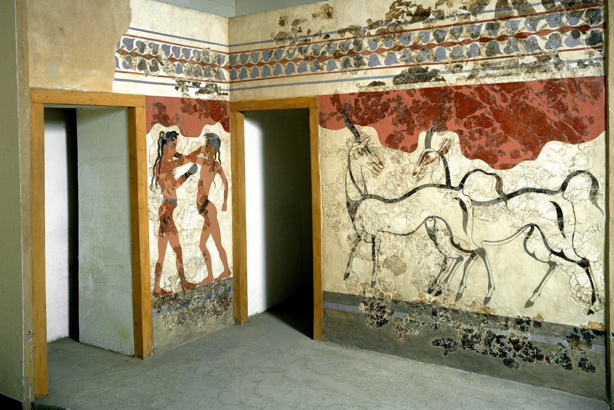 Minoische Kunst: Tiere und Kämpfer. Fresko aus Akrotiri auf Santorin von Minoan