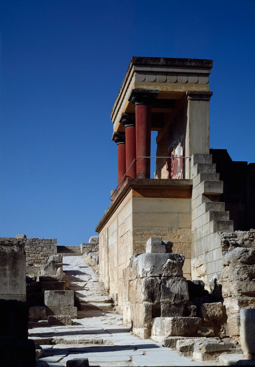 Minoische Kunst: Blick auf den Nordeingang des Palastes von König Minos in Knossos. 1600-1400 v. Chr. Kreta von Minoan