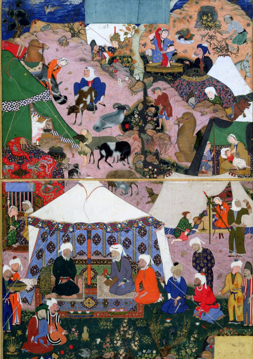 Nomadenlager, aus einem Khamsa (Quintett) von Nizami, Täbris, Ost-Aserbaidschan, Persisch, Safawiden-Dynastie, 1539-43 von Mir SayyidAli attr. to Mir SayyidAli attr. to