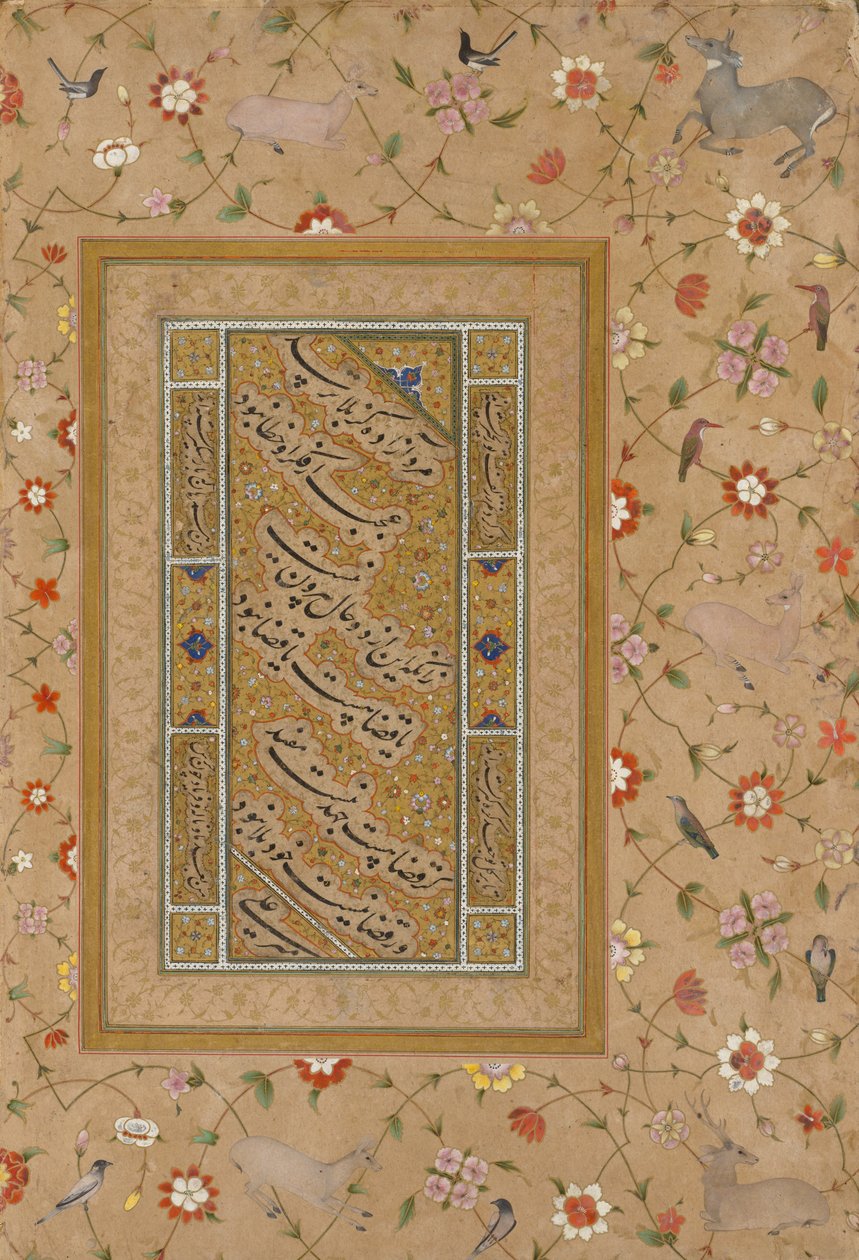 Seite aus dem späten Shah Jahan Album: Persische Kalligraphie eingerahmt von einem ornamentalen Rand aus Blumen und Vögeln von Mir 