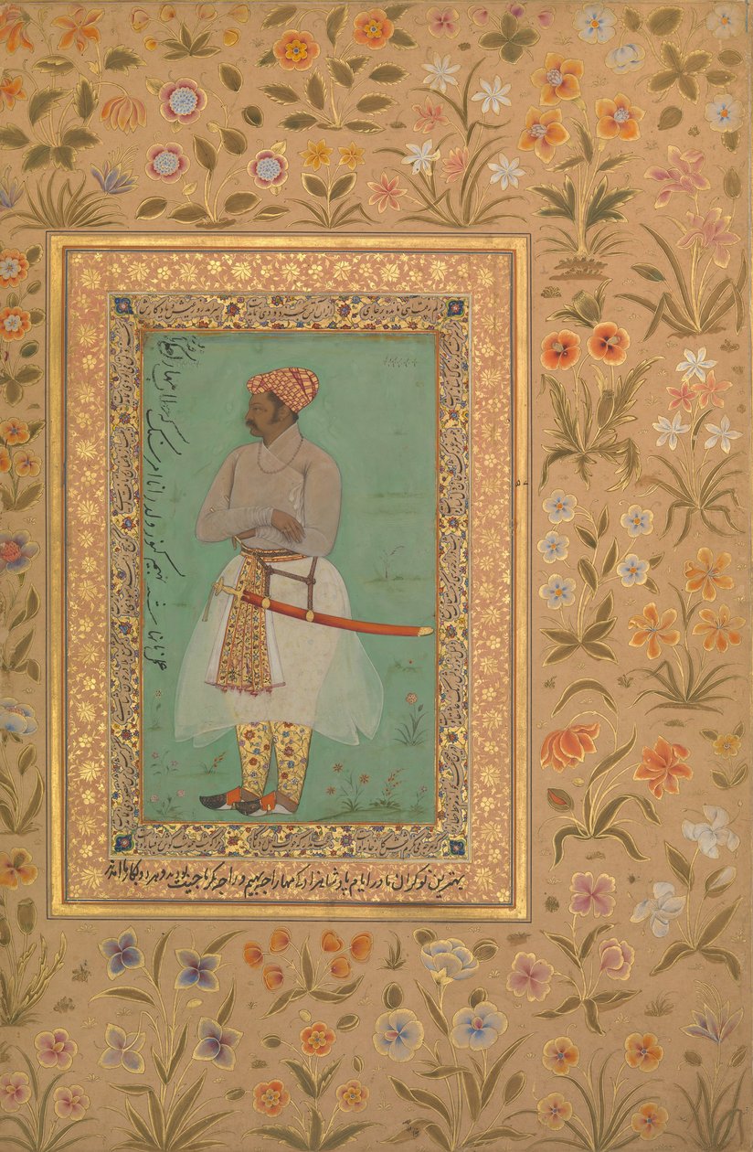 Porträt von Maharaja Bhim Kanwar, Folio aus dem Shah Jahan Album, verso: ca. 1615-29 von Mir 