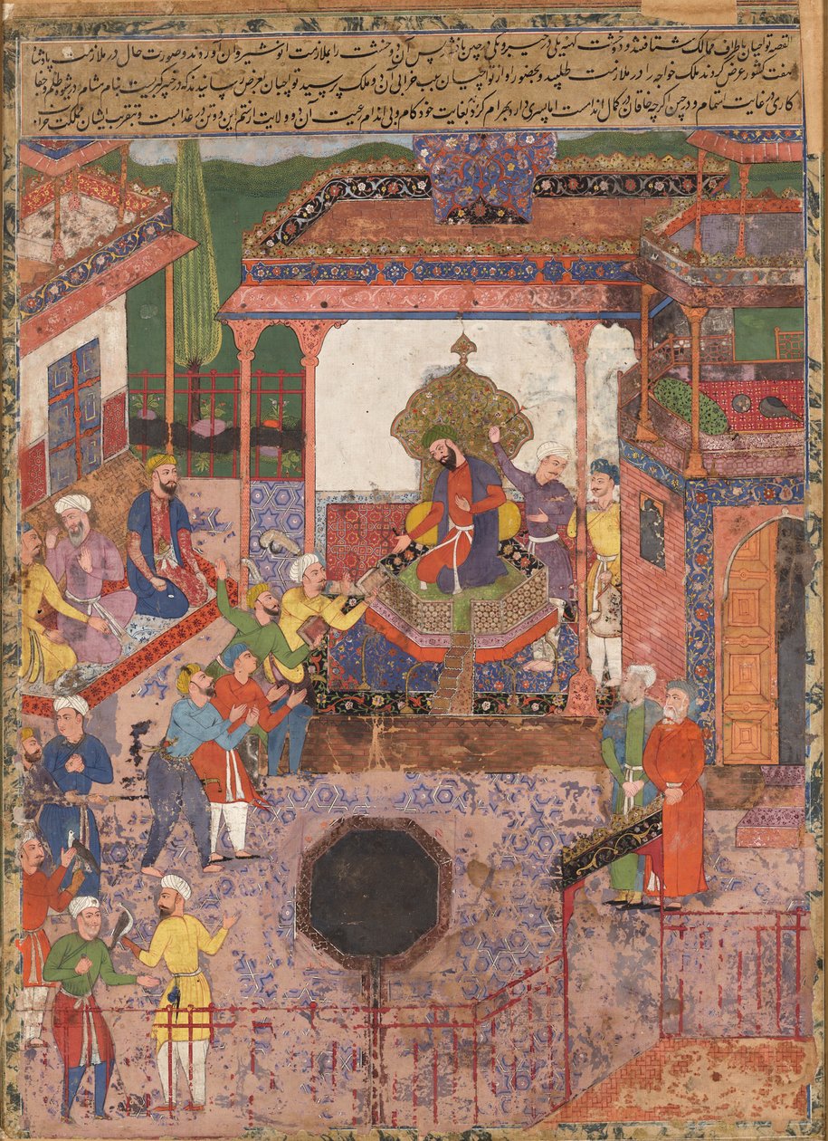 Gesandte bringen Nachrichten aus den Provinzen Khaybar und Chin zu Anoshirvan. Aus dem Hamzanama von Mir Sayyid Ali